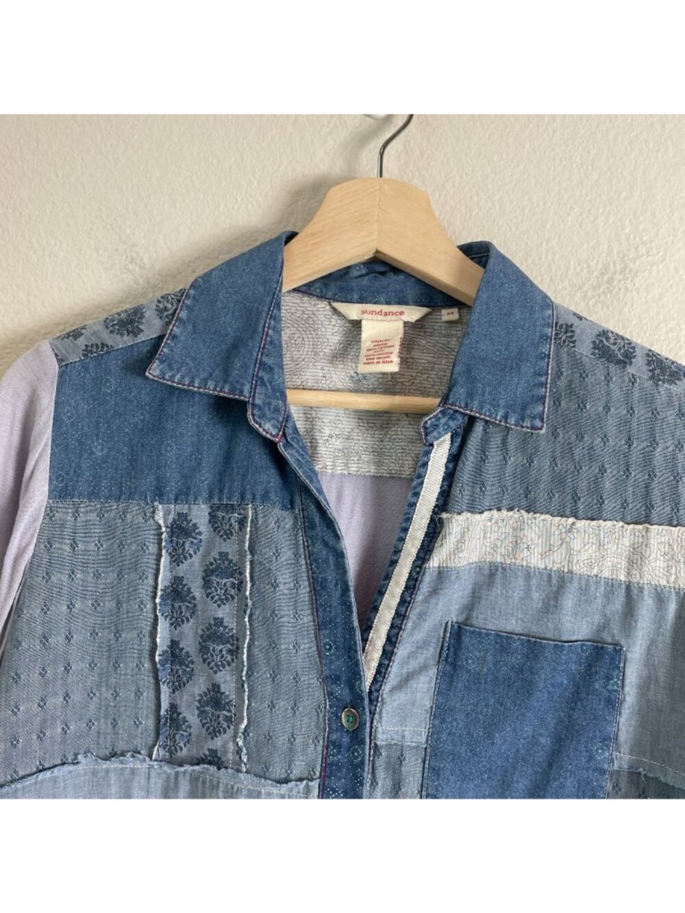 SUNDANCE Womens Medium Patchwork Denim Button Up Shirt Roll‎ Tab Sleeve Top - Picture 6 of 10